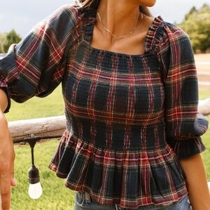 Ivy City Co Madeleine Smocked Peplum L Plaid Puff Sleeve Top Blouse Navy